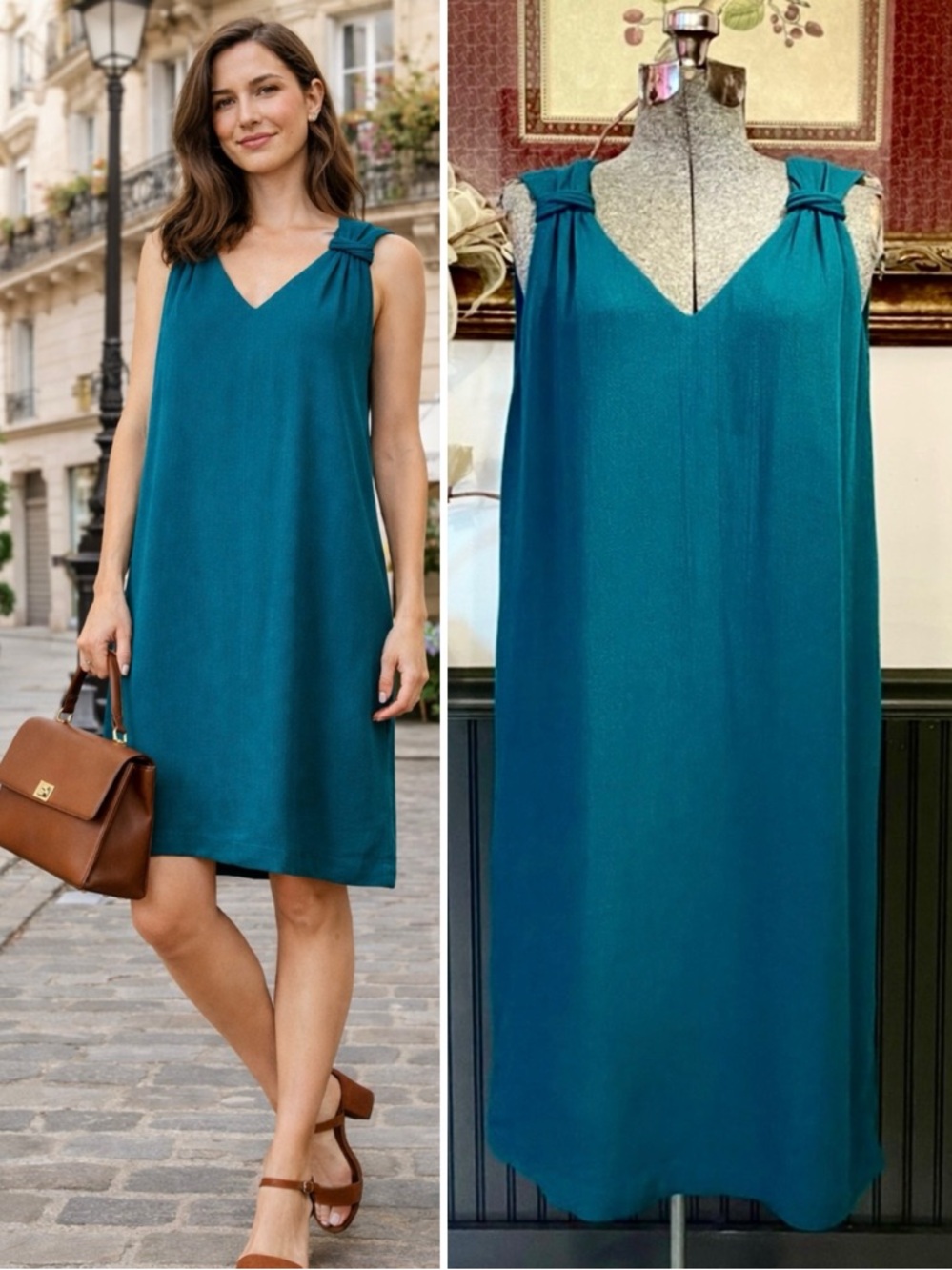 Comptoir des Cotonniers French Textured Teal Knot Shoulder Shift Dress Sz L 💚🎀